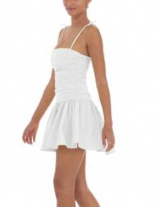Women's Tie Strap Mini Dress Zipper Back Solid Color Sleeveless Backless Slim Ruched A-Line Dress Thankgiving - White - View 6