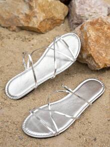 女士时尚裸色系带平底沙滩凉鞋，休闲散步，玫瑰金，夏季