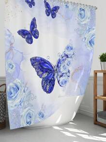 1pc/4pcs Set Blue Butterfly & Floral Multifunctional Bathroom Waterproof Shower Curtain With 12 Hooks, Bathroom Anti-Slip Mat, U-Shape Toilet Mat And Round Toilet Seat Cover, Bathroom Accessory Set For Full Scene Use