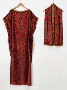 1pc Style Printed Robe With Headscarf For Women, Casual Vacation Robe - Multicolor - View 2