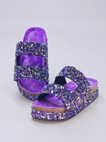 2025 Nuevas Pantuflas de Suela Gruesa con Patrón Retro, Sandalias Casuales de Estilo Vintage para Uso en Casa y Exterior para Mujeres, Zapatos de Verano - Morado - Ver 4
