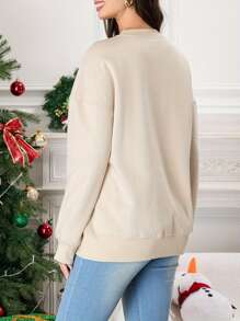 Women's Christmas Sweatshirt Long Sleeve Crewneck Letter Santa Hat Print Pullover - Beige - View 4
