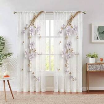 2pcs Light Luxury Simple Style Branch White Rose Curtains-Rod Pocket Design And Easy Installation - Perfect For Living Room & Bedroom Decor, Machine Washable