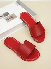 Kids Comfortable Round Toe Flat Slide Sandals, Slip-On Casual Flat Slippers - Red - View 4
