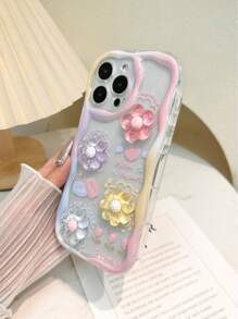 2 stuks DIY crème patroon golvende rand vernis schilderij extra bedrukte cartoon 3D bloem strik beschermhoes, compatibel met iPhone, Galaxy, Redmi