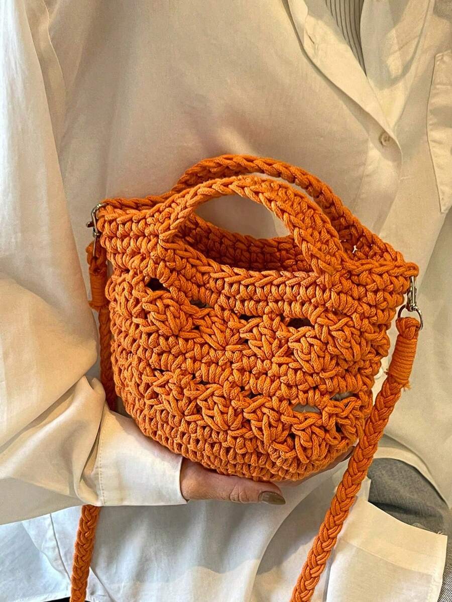 Bolsa de Ombro Fashion Trançada com Corda, 1 Bolsa Oca Laranja, Bolsa de Praia para Férias de Verão, Pode ser Usada a Tiracolo ou na Mão, Adequada para Praias e Viagens de Férias