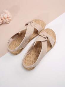 Damen römischer Stil Sandalen mit elastischem Riemen und Geflecht-Sohle, modische, leichte und vielseitige Flachsandalen für den Sommer - Beige - Übersicht 6