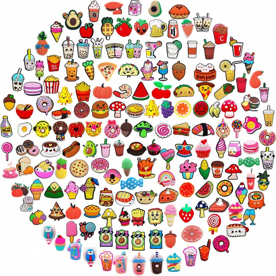 随机10/20/30个装美食系列DIY鞋饰，可用于鞋子、钥匙链、凉鞋、沙滩包等，PVC材质，适用于木屐等，优质流行装饰配件，圣诞节、生日、派对、夏季、学校等场合的绝佳礼物