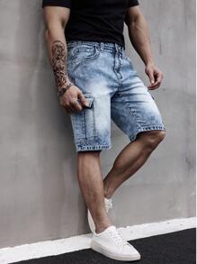ESDVQ Men's Multi-Pocket Denim Shorts, Elastic Embroidered Cargo Bermuda Shorts Jorts