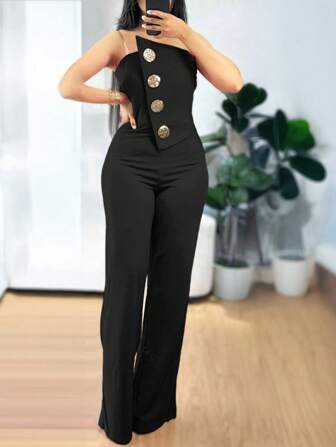 ChicMe 不对称抹胸露肩连体裤金属纽扣装饰休闲工装裤