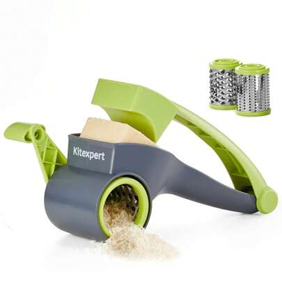 KITEXPERT Cheese Grater With Handle, Parmesan Cheese Grater, Handheld Rotary Cheese Grater, Olive Garden Cheese Grater With 2 Stainless Steel Drums For Hard Cheese, Chocolate, Nuts, Vegetables