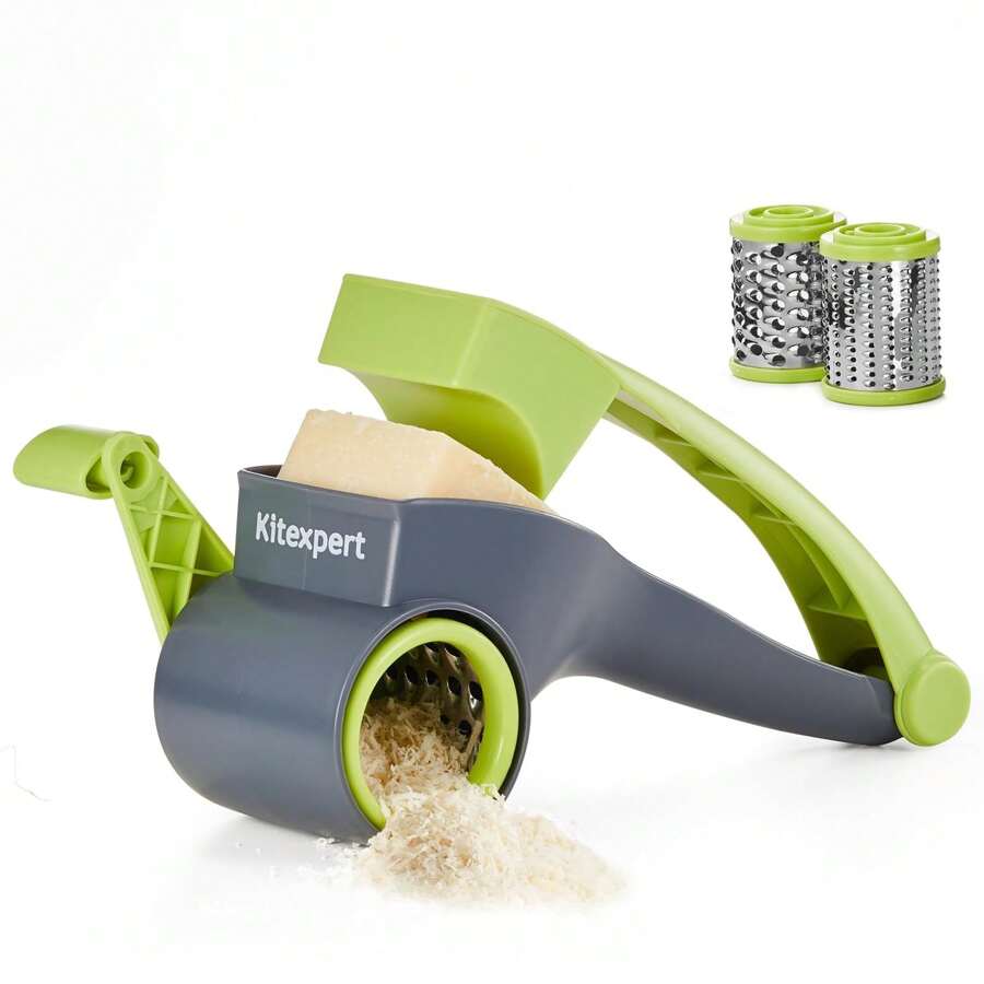 KITEXPERT Cheese Grater With Handle, Parmesan Cheese Grater, Handheld Rotary Cheese Grater, Olive Garden Cheese Grater With 2 Stainless Steel Drums For Hard Cheese, Chocolate, Nuts, Vegetables - Green - View 1