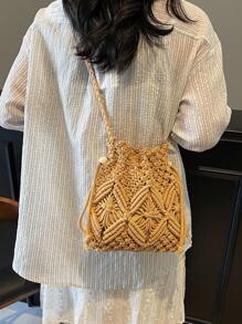 2025 New Arrival Woven Straw Bucket Bag For Women, Unique Design Crossbody Bag, Versatile For Beach & Daily Use