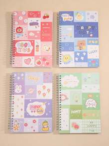 1 件装卡通格子印花线圈笔记本创意加厚A5书写、工作、记事本颜色随机