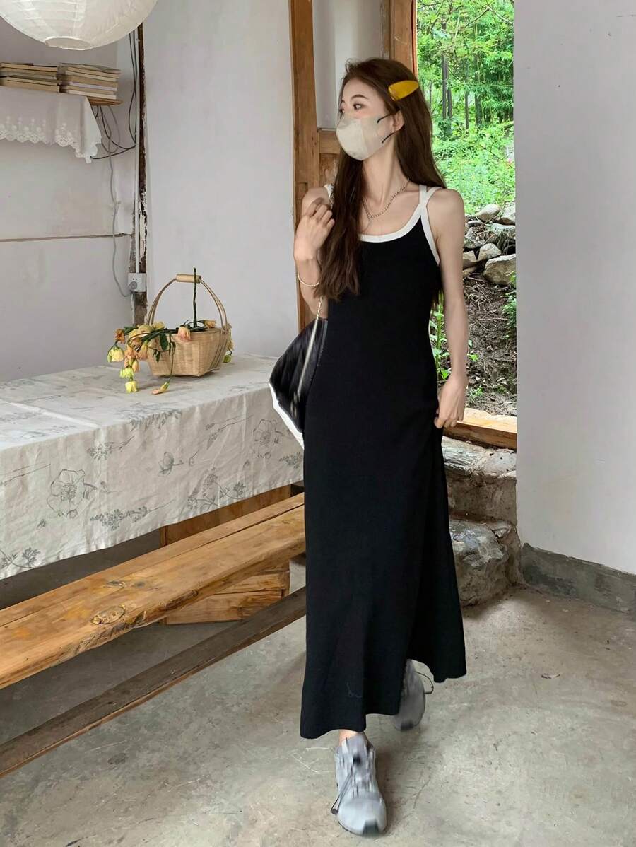 春夏女士休闲简约时尚撞色露背交叉吊带针织连衣裙 - 黑色 - 查看 1