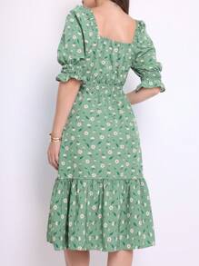 Women's Dress | Crepe With Elastec L Flower I Shoulder To Shoulder. - Avocado Green - View 4