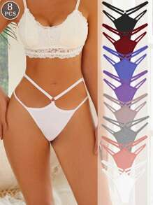 8pcs Ladies Cotton Threaded Double Webbing Comfortable And Breathable Low Waist Sexy Thongs - Nhiều màu - Xem 1
