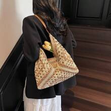 新款别致甜美编织纹理草编包，时尚 Ins 风格女士单肩包，纸绳包，波西米亚风，沙滩包，女士草编沙滩包，夏季编织沙滩手提包，单肩手提包 - 彩色 - 查看 6