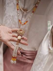 قلادة قديمة طويلة الشرشف، قلادة اللؤلؤ الصناعي على الطراز الصيني للسيدات، اكسسوارات حزب وأزياء عصرية، هدايا للأصدقاء المقربين - الذهبي - مشاهدة 8