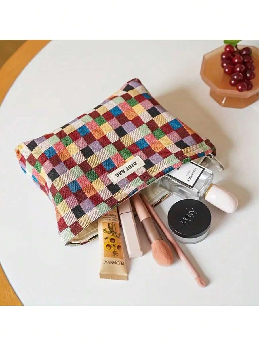1 件旅行化妆包，女士格子印花化妆品收纳包，便携式盥洗包 - 彩色 - 查看 1