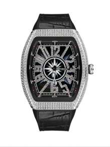 Hochwertige Diamanten Herrenuhr, im Retro-Stil mit großem Zifferblatt, Kalender, tonnnenförmigem Gehäuse und Lederarmband, Business Armbanduhr