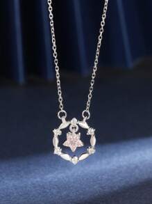 1pc S925 Sterling Silver Pentagram Flower Wreath Niche Design Delicate Sweet Choker Necklace With Cubic Zirconia, Versatile Gift For Women - Silver - View 1