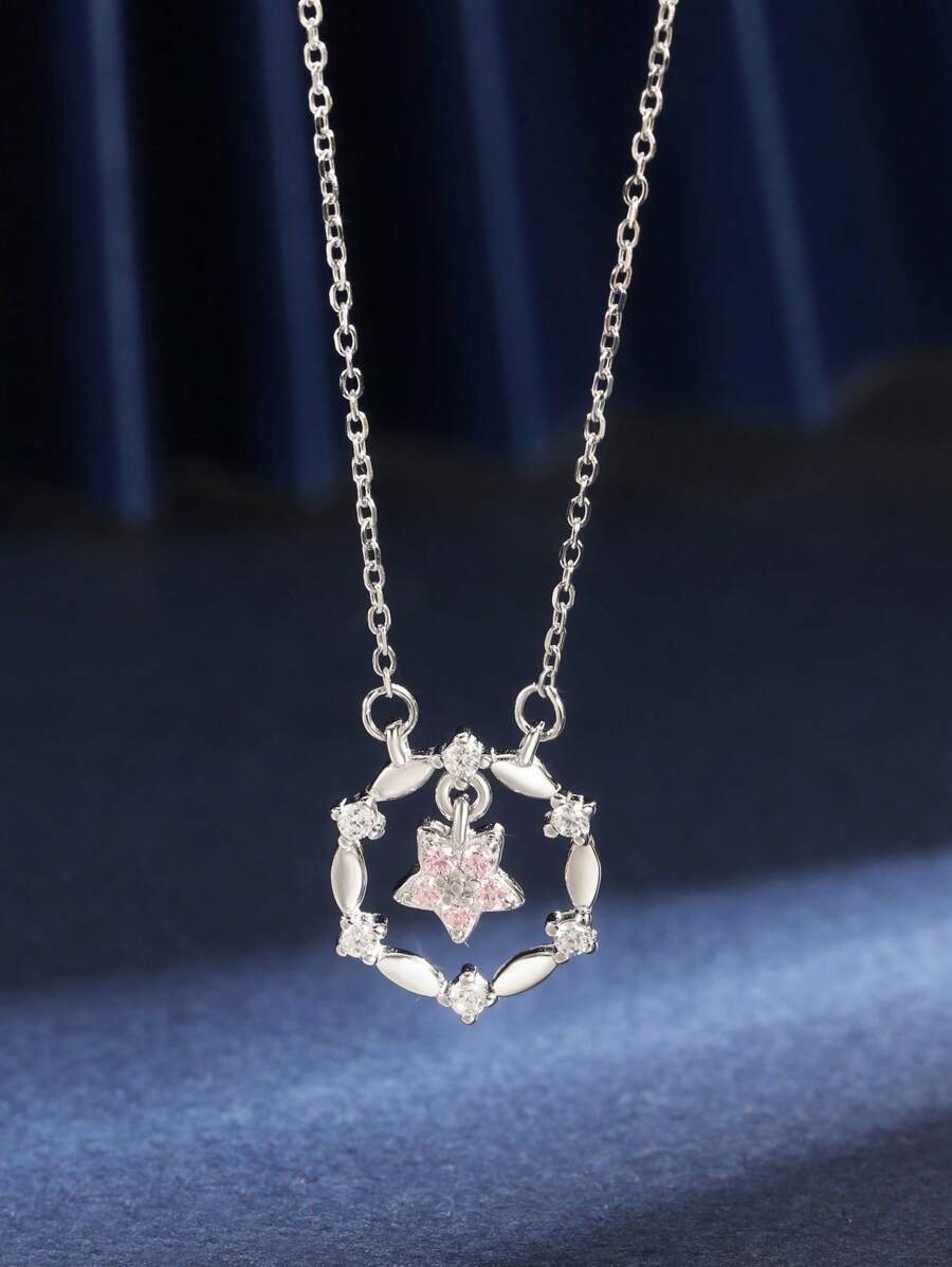 1pc S925 Sterling Silver Pentagram Flower Wreath Niche Design Delicate Sweet Choker Necklace With Cubic Zirconia, Versatile Gift For Women - Silver - View 1