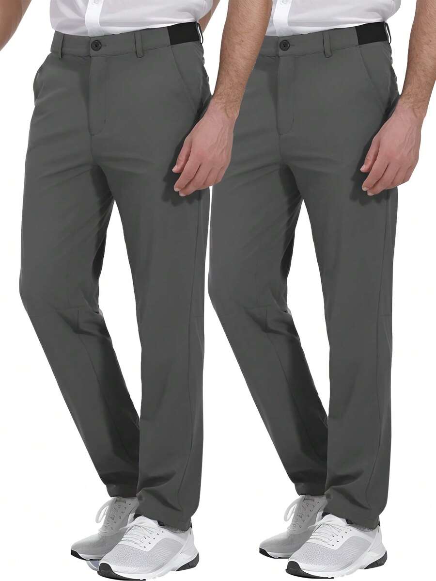 2 Pack Men's Classic Fit Solid Color Fashion Flat Front Dress Pants With Strap Pockets - Dark Grey - View 1