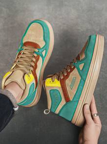 Męskie codzienne, kontrastowe, patchworkowe, nadrukowane litery z przodu, sznurowane, wysokie, płaskie trampki, modne, lekkie, sportowe buty na platformie zwiększające wysokość