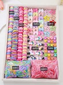 890pcs/Set Kids Pink Heart & Bowknot Elastic Hairbands, Hair Clips, Scrunchies, Princess Hair Accessories, Daily Use & Gift