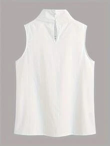 Plus Size Women Solid Color Sleeveless High Neck Loose Lace Trim Blouse