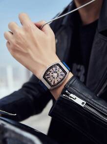 Hochwertige Diamanten Herrenuhr, im Retro-Stil mit großem Zifferblatt, Kalender, tonnnenförmigem Gehäuse und Lederarmband, Business Armbanduhr