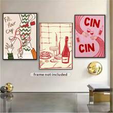 1 件印刷复古红色手绘用餐与葡萄酒和螃蟹欢呼现代美食艺术粉色厨房装饰客厅卧室家居装饰现代简约抽象食物厨房海报酒吧墙壁艺术装饰无框架 - 彩色 - 查看 3