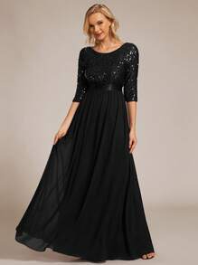 Contrast Sequin Bodice Chiffon Prom Evening Dress - Black - View 1
