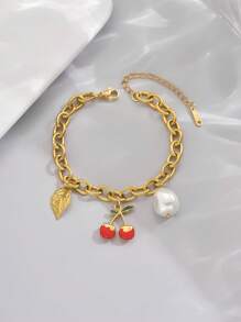 LIEBEIRIS 1pc 18K Gold Plated Stainless Steel Cherry Series Bracelet, Suitable For Ladies Daily Wear And Gift