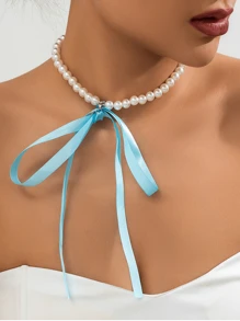 1pc New Arrival European & American Faux Pearl Ribbon Choker Necklace, French Retro Bowknot Tie Necklace For Women