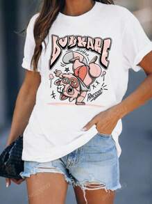Women's Crew Neck Short Sleeve Milk Silk T-Shirt With Cute Bear Print