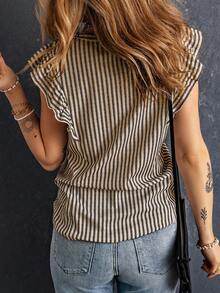 Summer Khaki Striped Casual Vacation Round Neck Ruffle Sleeve T-Shirt - Khaki - View 2