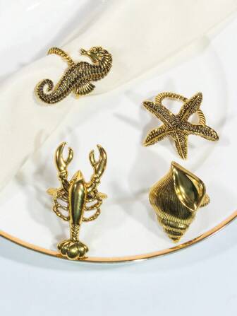 4 件套复古金色贝壳、海星、海马、龙虾混合海洋系列餐巾环、餐具装饰