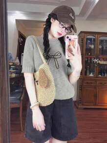 Women's Casual Bowknot Loose Knit Short Sleeve Top, Versatile For Commute, Summer Knit