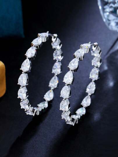 1 par de pendientes de aro con circonita cúbica en forma de lágrima, plateados con círculo grande redondo de cristal de circonita para mujer, accesorios de joyería para boda, compromiso, fiesta, baile de graduación, regalo para damas, novias, hijas, Navidad