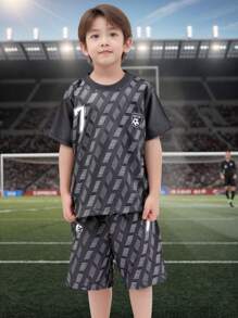Ensemble 7 pièces de t-shirt et shorts imprimés numériques pour adolescents - polyester, facile d'entretien, col rond, opaque, design blocs de couleurs sportif et performant, pour le printemps/été, cadeau de football pour garçons, idéal pour l'extérieur