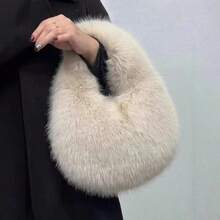 Fashion Soft Plush Half Moon Bags For Women Designer Fluffy Faux Fur Lady Handbags Luxury Small Tote Female Winter Purses - Black - View 4