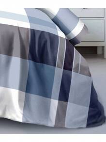 蓝灰格子印花床上用品套件，春秋新品 - 藍灰色+格紋三件組(160*200CM) - 查看 2