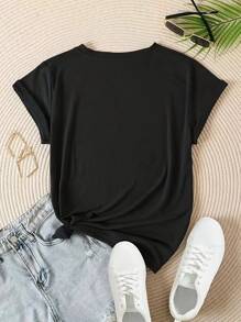 Camiseta de Algodón 100% para Mujer con Estampado Colorido "Grateful Thankful " - Manga Corta Suave y Transpirable, Corte Regular Ajuste Medio para Primavera/Verano, Lavable a Máquina, Envío desde Almacén Local - Negro - Ver 2