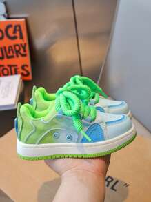 Girls' Colorful Contrast Neon Green Skateboard Style Casual Sports Sneakers, New Kids White Shoes