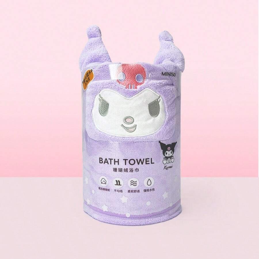 Miniso Sanrio Kuromi 珊瑚绒浴巾，亲肤且吸水快，尺寸宽大，适合海滩旅行、露营和日常浴室使用（1 件） - 紫色 - 查看 1
