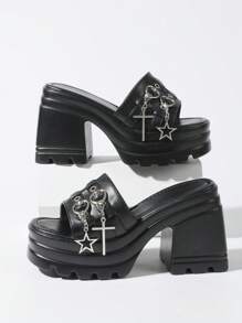 Gothic Chunky High Heel Sandals Woman Chain Open Toe Platform Cool Fashion Casual Dress Cosplay Women Summer Shoes - Black - View 1