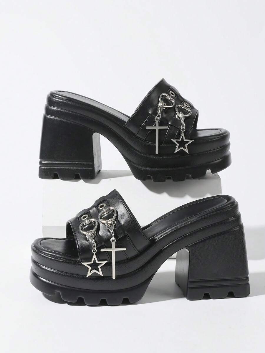 Gothic Chunky High Heel Sandals Woman Chain Open Toe Platform Cool Fashion Casual Dress Cosplay Women Summer Shoes - Black - View 1