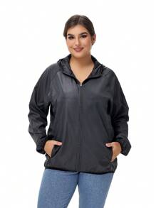 1件装女士轻薄纯色长袖休闲外套，拉链连帽大码女式外套，防晒外套，大码女士休闲运动外套 - 黑色 - 查看 8